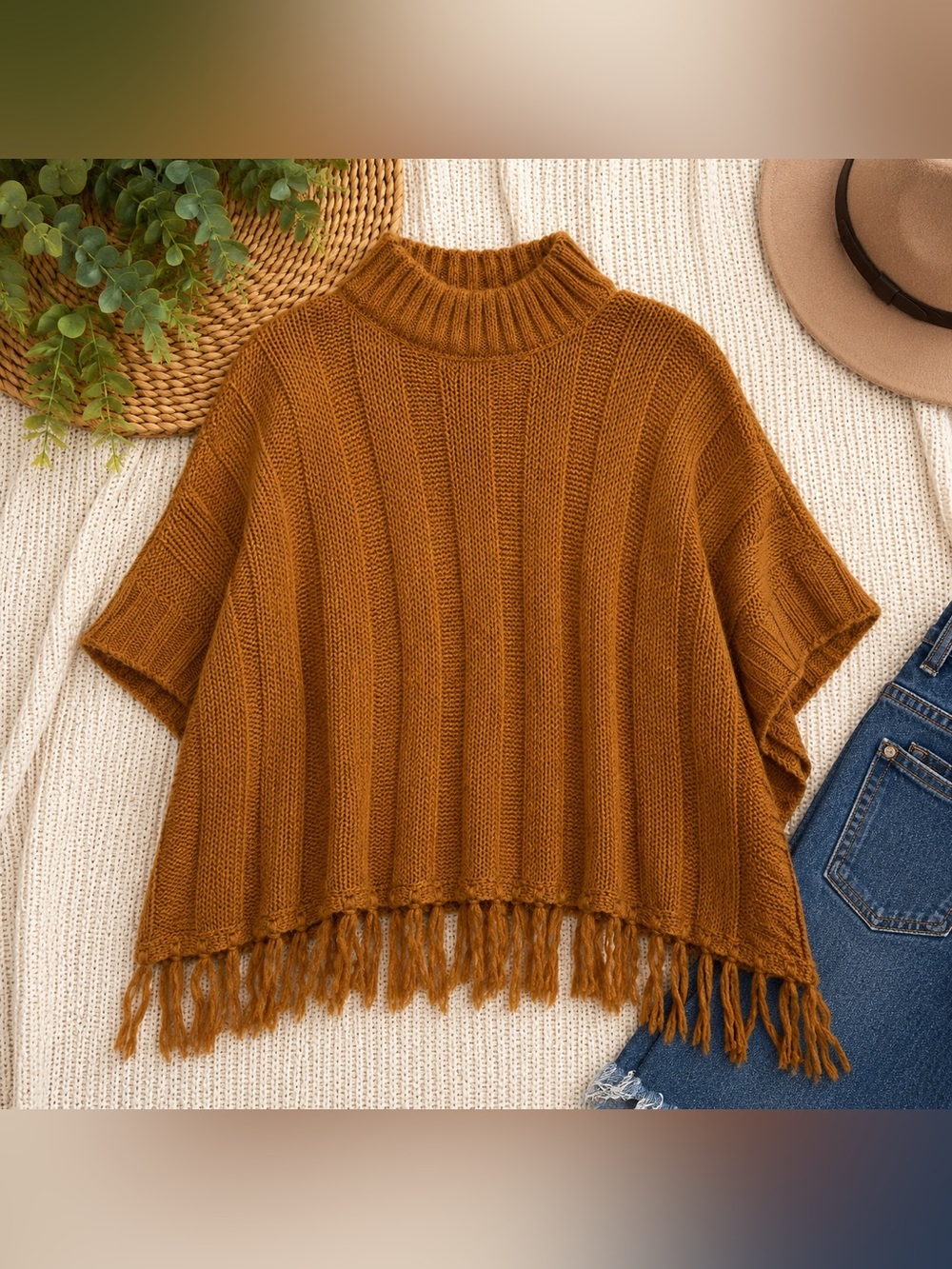 Ultra Flirt Cozy Fringe Mock Neck Poncho in Tan/Brown